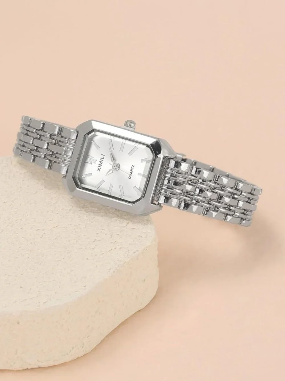 Women's Silver Quartz Rectangular Case Metal Bracelet Band Analogue Wrist Watch